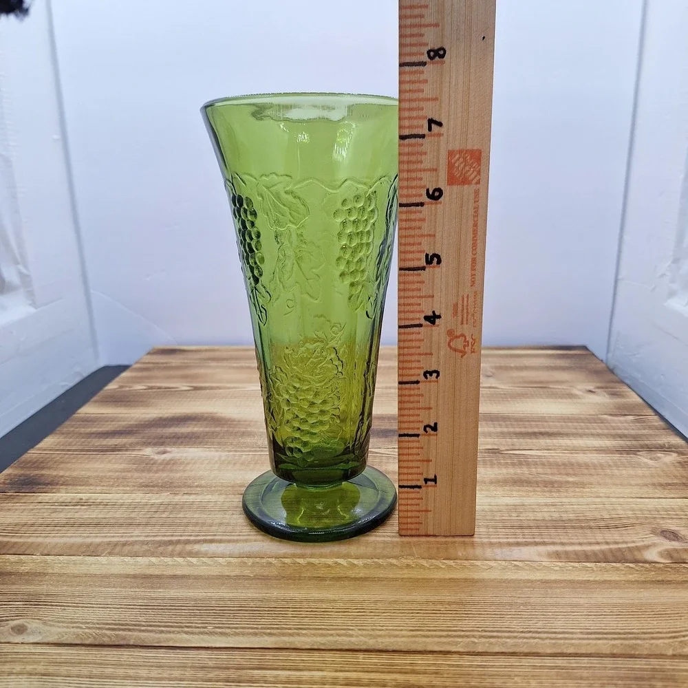 Vintage Green Indiana Glass‎ Vase with Raised Grape Pattern circa 1940s/50s